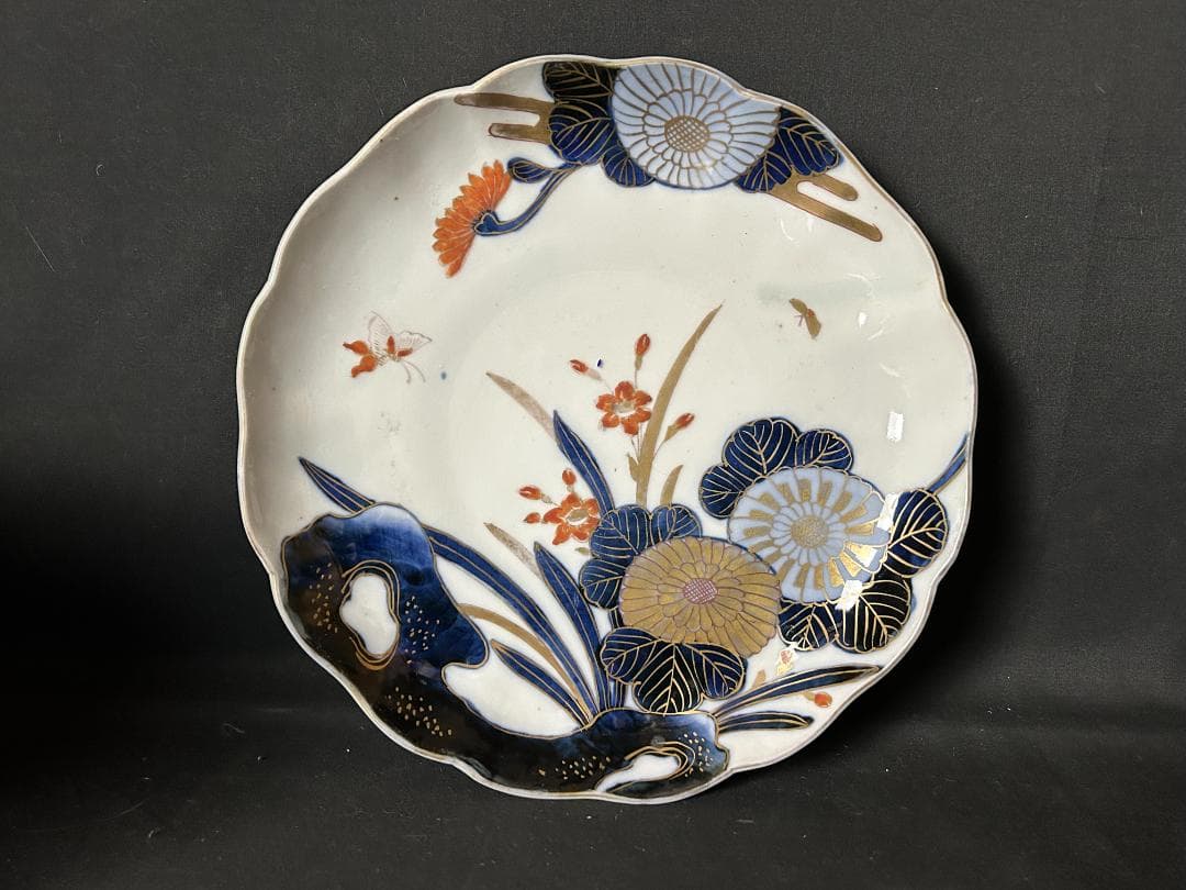 古伊万里 染錦 金彩 花蝶図 八寸皿 5客 江戸後期 パスタ皿 85