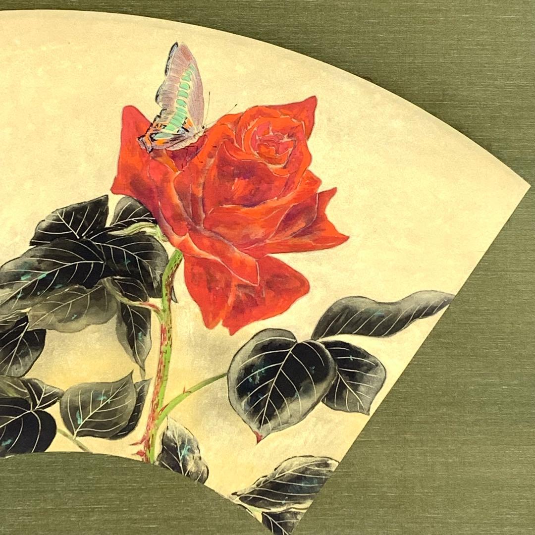 掛軸 正明 薔薇 共箱 金 花 扇形