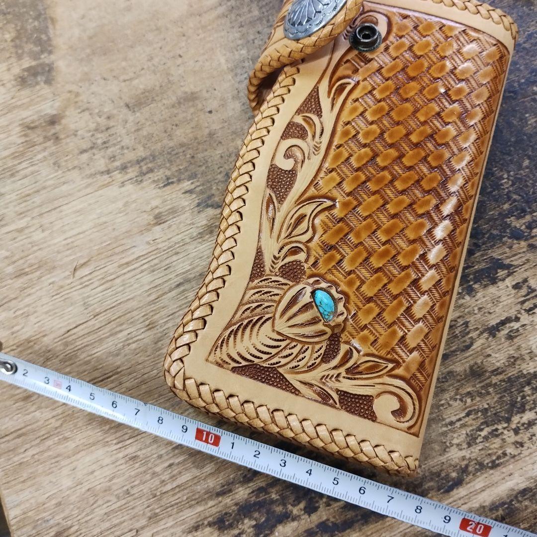 ［ 未使用 ］レザー 編み込み ハンドメイド ターコイズ装飾付き 長財布