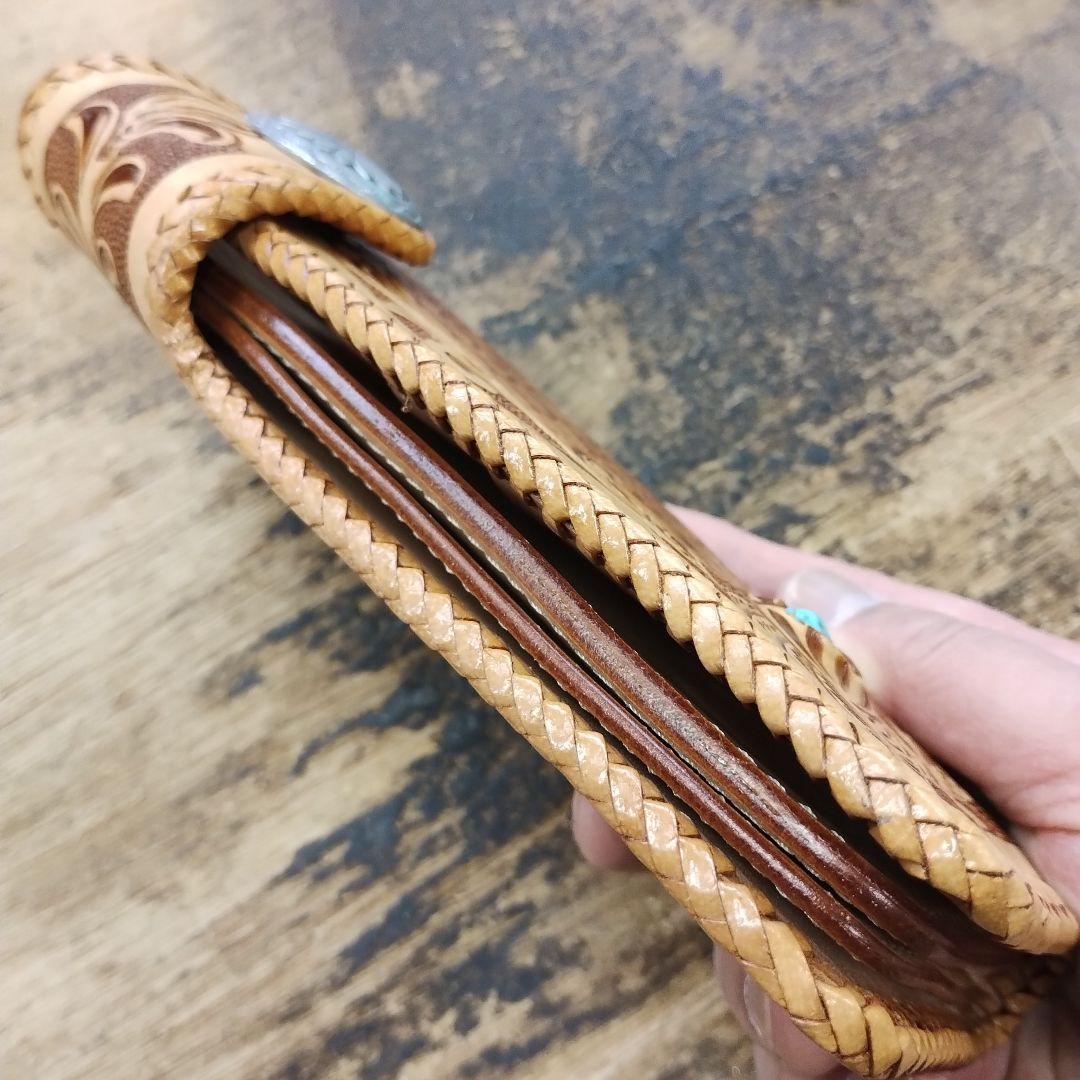［ 未使用 ］レザー 編み込み ハンドメイド ターコイズ装飾付き 長財布