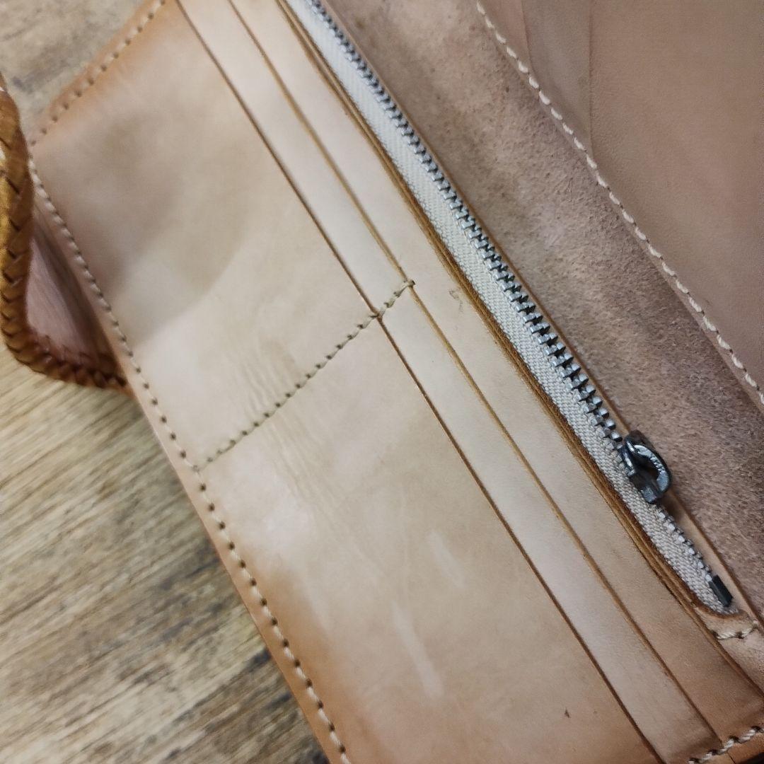 ［ 未使用 ］レザー 編み込み ハンドメイド ターコイズ装飾付き 長財布