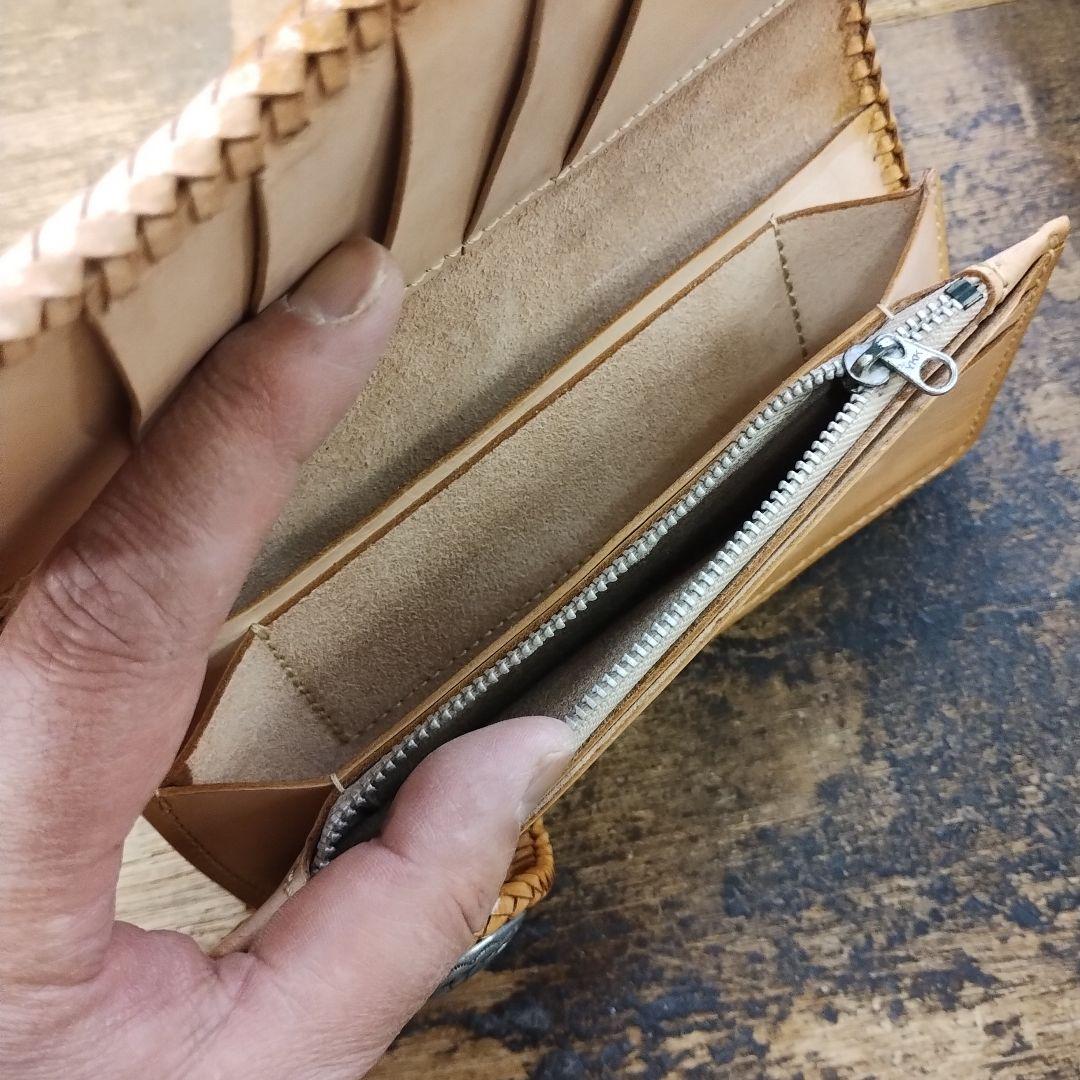 ［ 未使用 ］レザー 編み込み ハンドメイド ターコイズ装飾付き 長財布