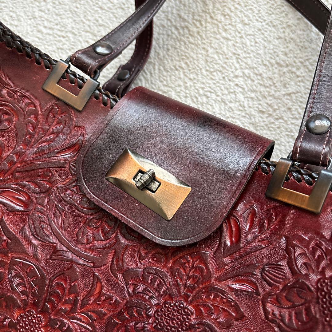 ハンドメイド　カービング　レザーバッグ　アンティーク