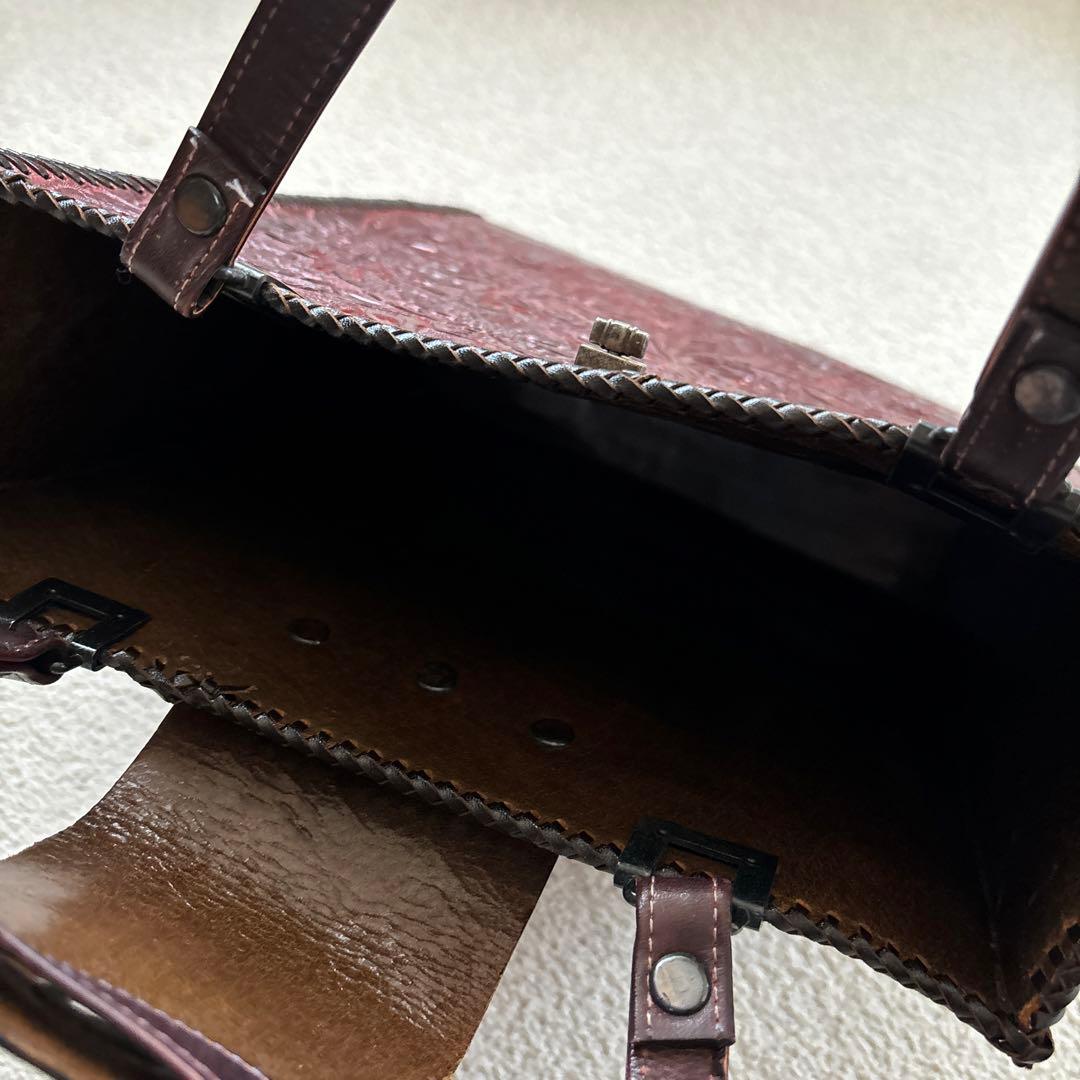 ハンドメイド　カービング　レザーバッグ　アンティーク