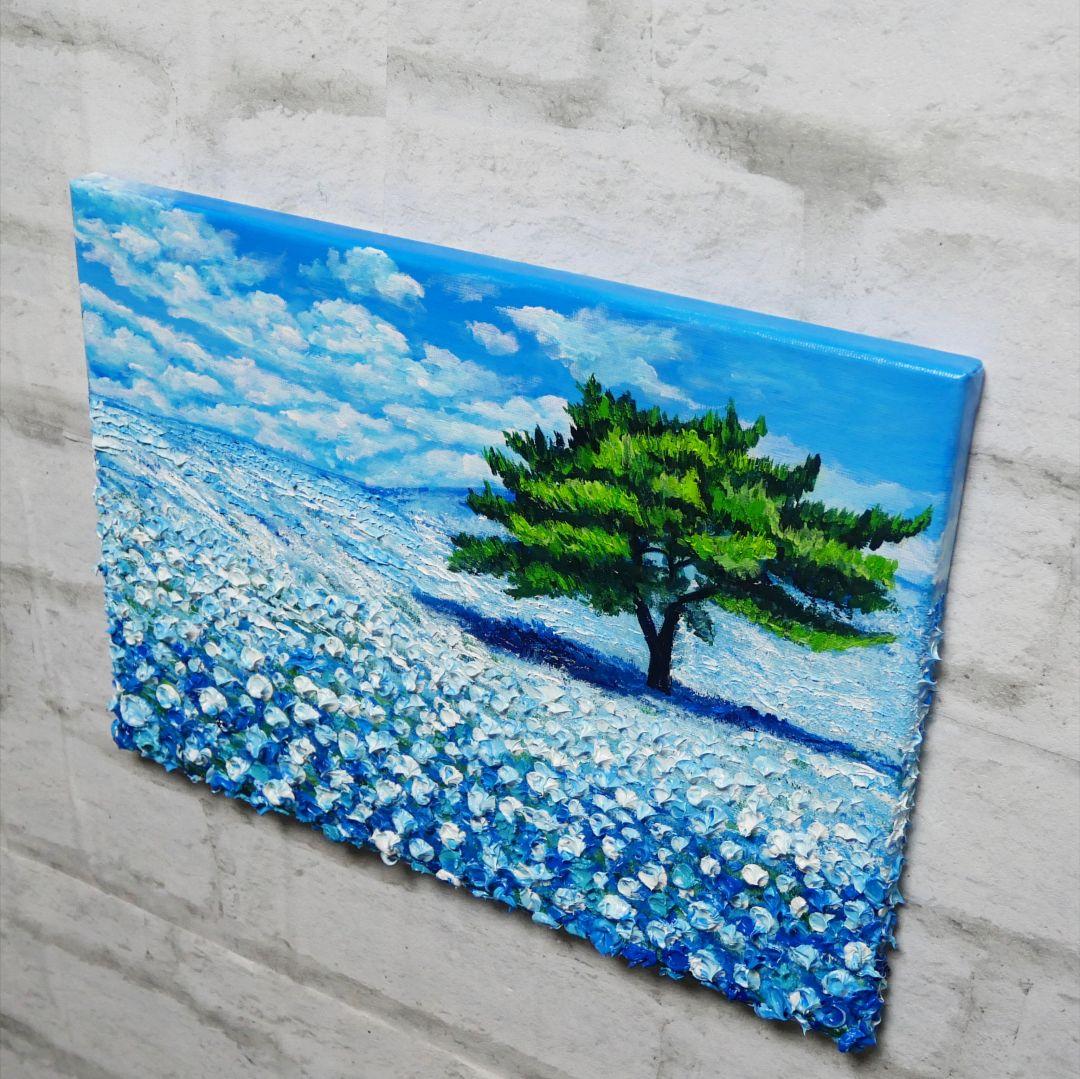 油絵 油彩 油彩画 絵 絵画 【青空のネモフィラの丘】F4号