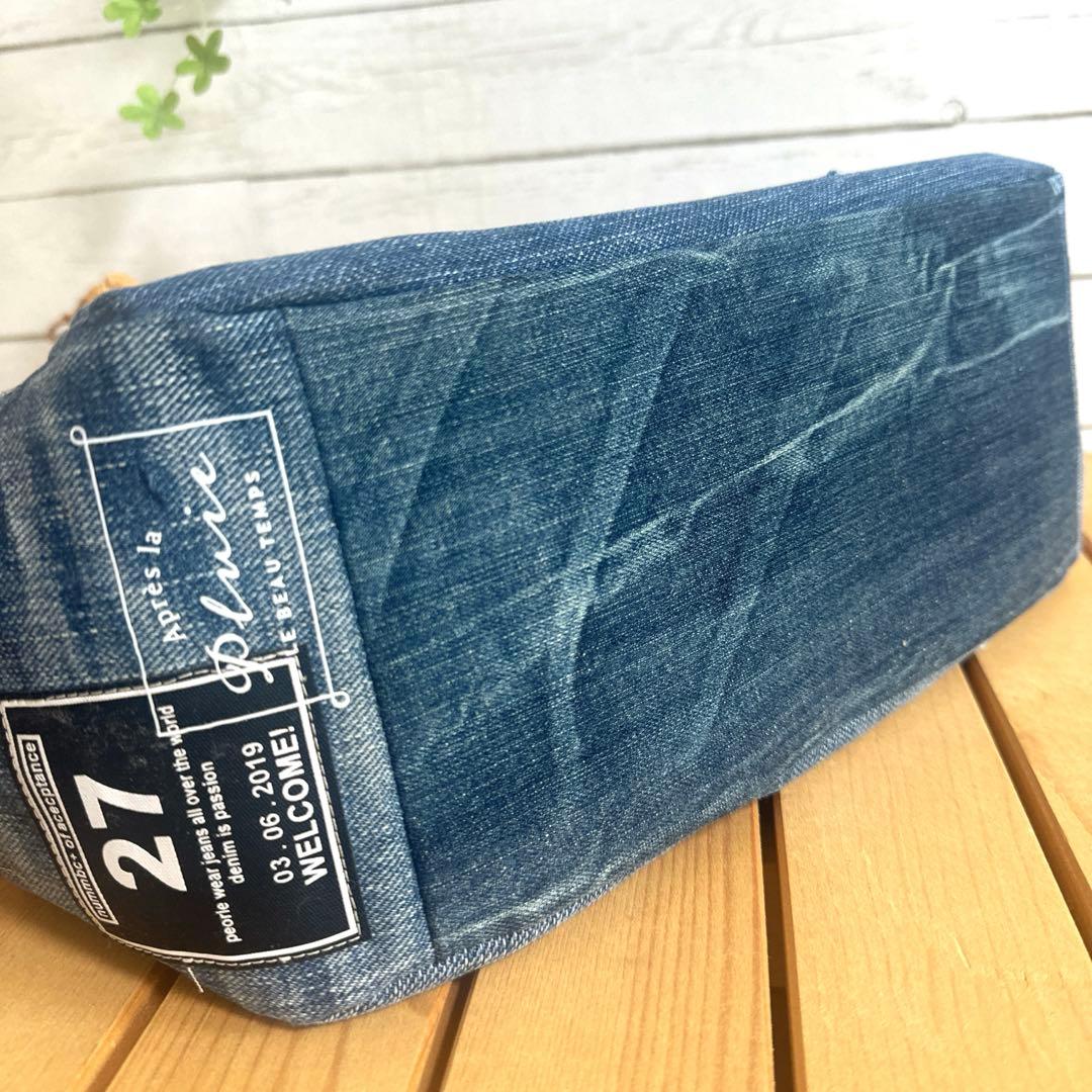 デニムリメイク　大きめトートバッグ　本革持ち手　２way