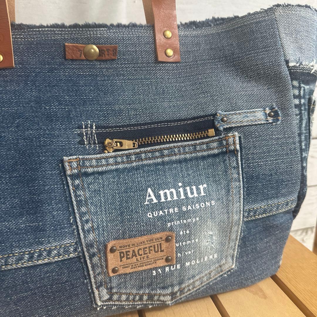 デニムリメイク　大きめトートバッグ　本革持ち手　２way