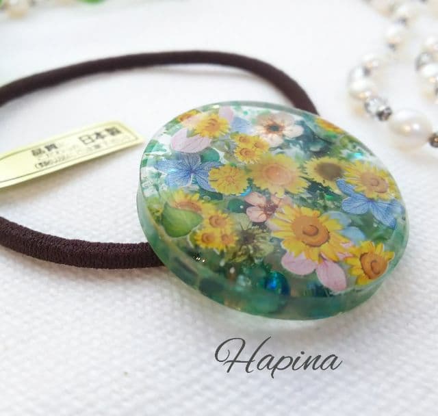 ひまわり畑⑤ ラウンドレジンヘアゴム ポニーフック変更可能。