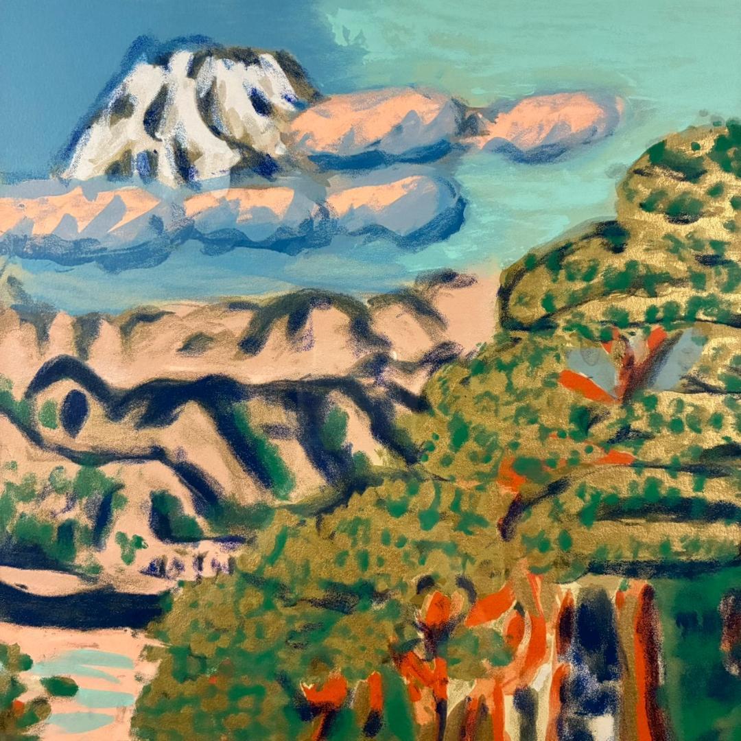 梅原龍三郎「松に富士山」リトグラフ 印章有 額縁入り 風景画 文化勲章受章