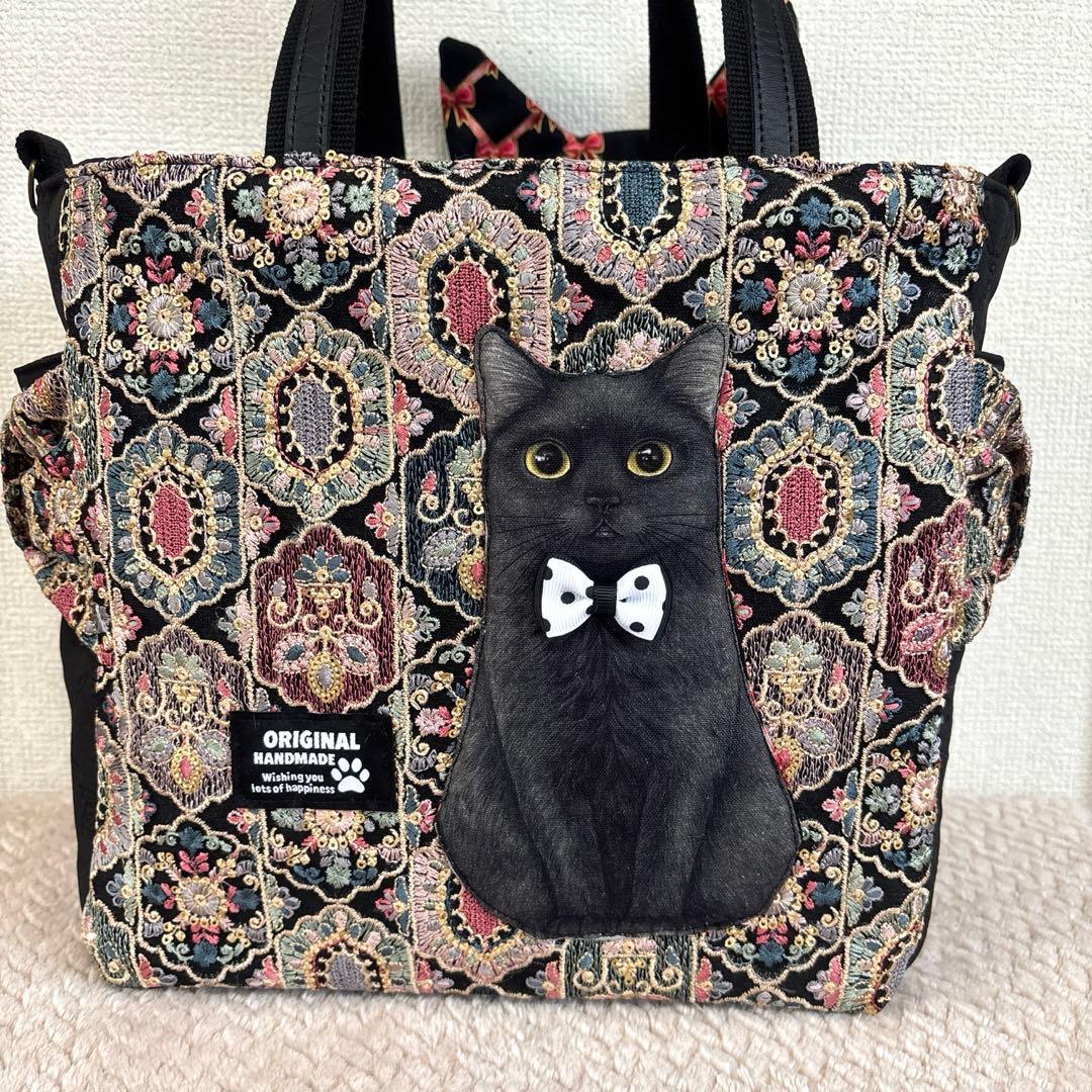 こ*り様 コヤンイサムチョン　黒猫ちゃん　インド刺繍サイドポケットトート