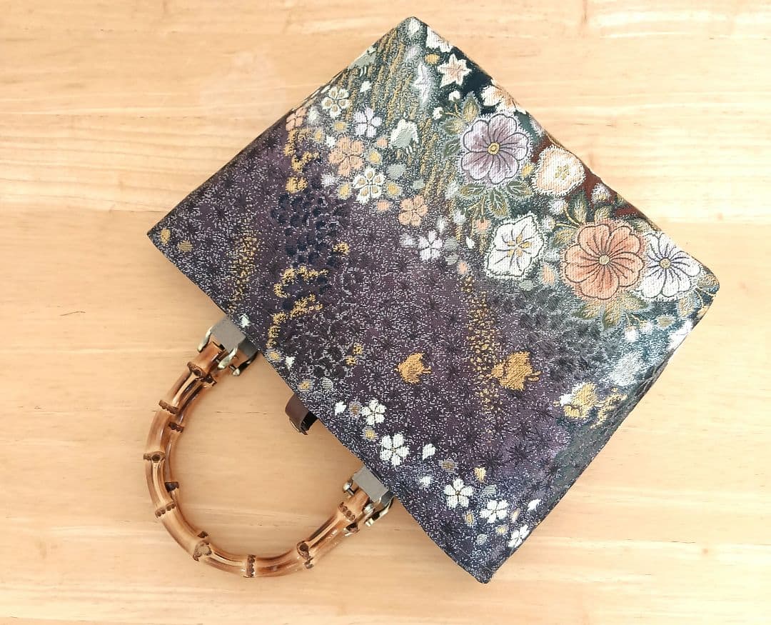 帯リメイク★ハンドメイドトートバッグ★辻ヶ花　プラチナ箔　正絹袋帯