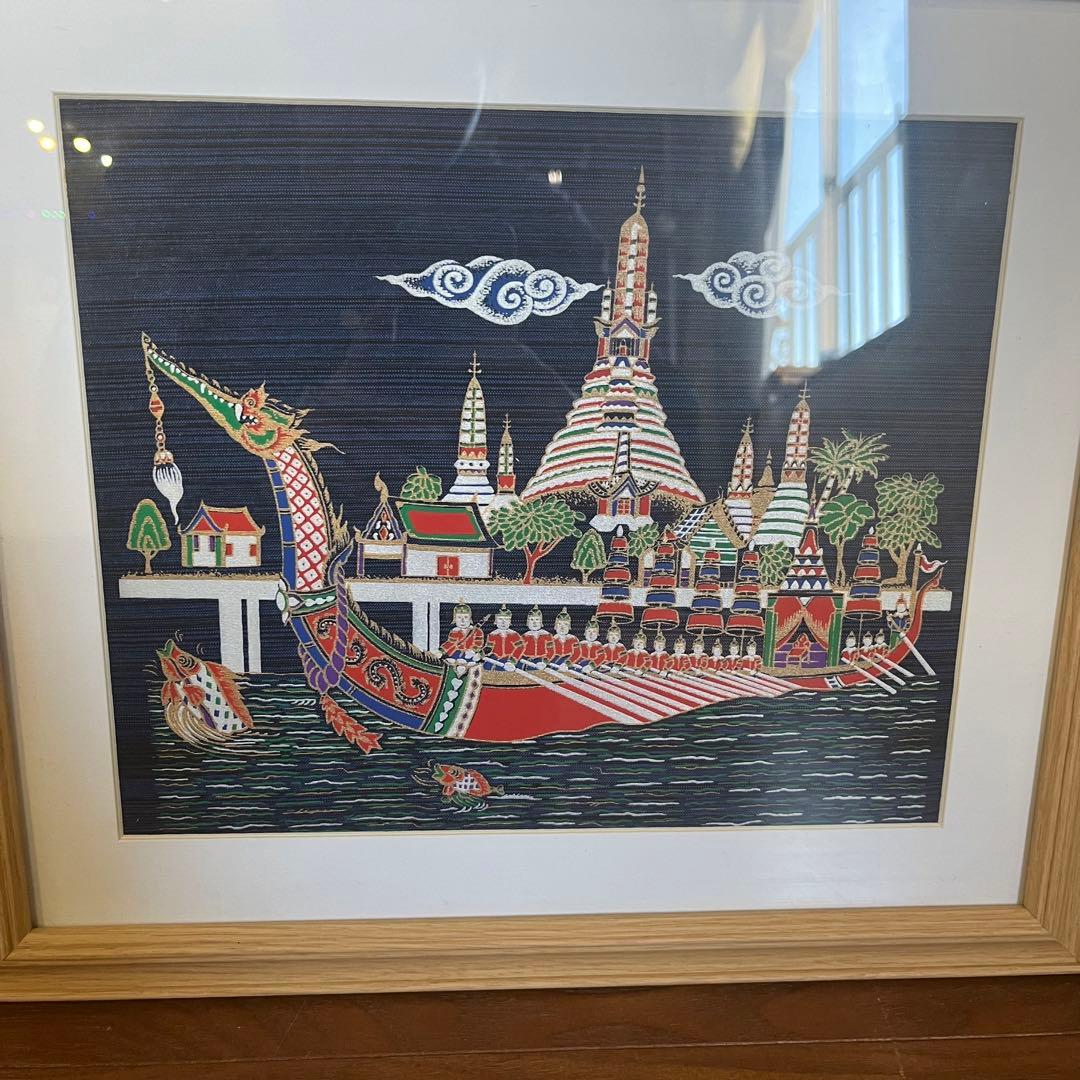 【アンティーク】額装 シルクアート 刺繍画 タイ ワットアルン 暁の寺院 縁起物