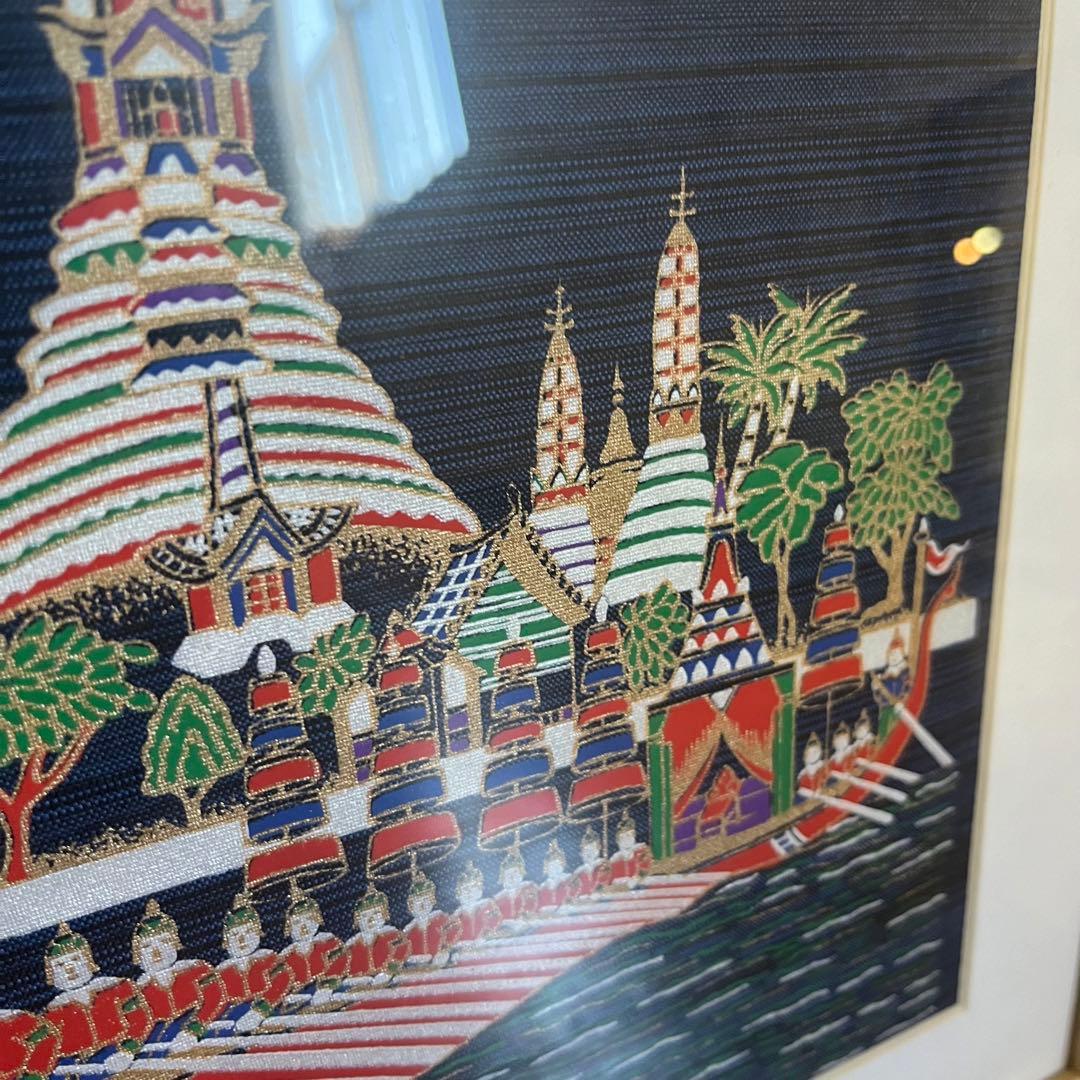 【アンティーク】額装 シルクアート 刺繍画 タイ ワットアルン 暁の寺院 縁起物