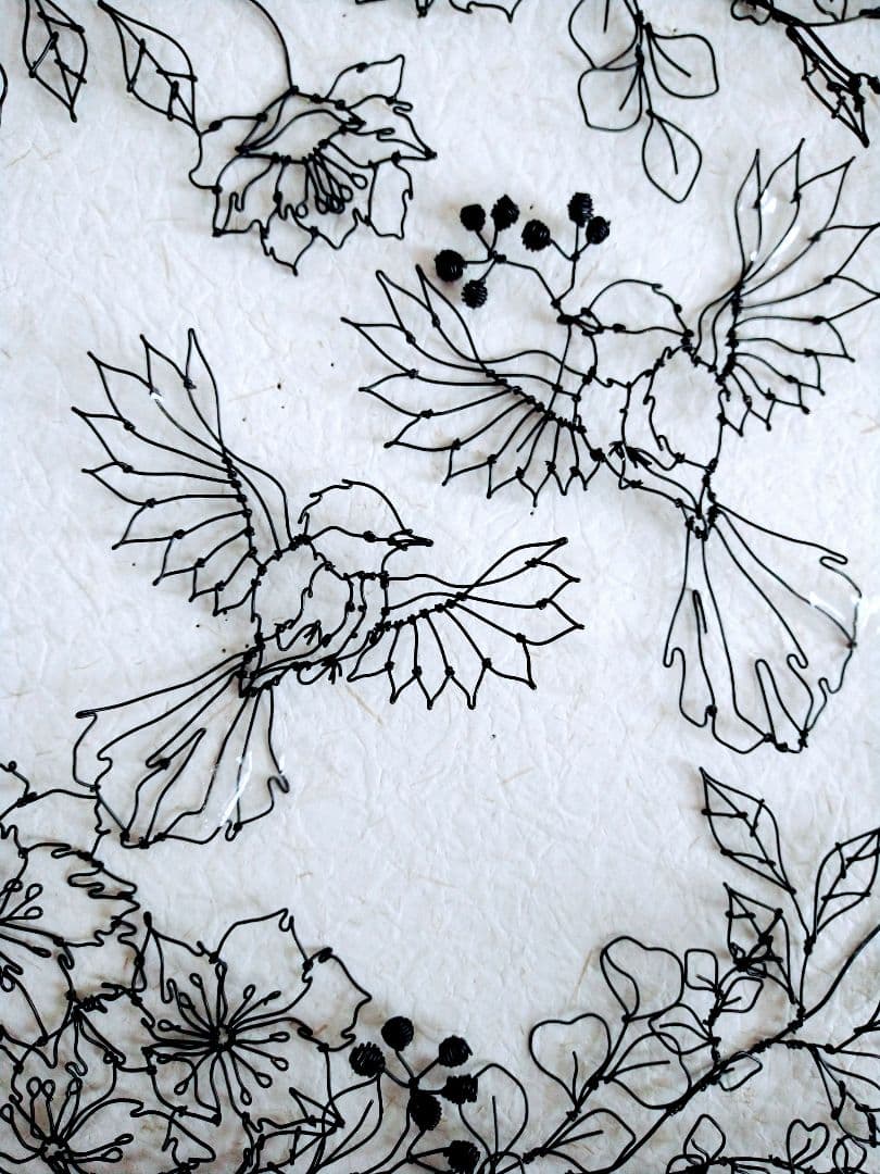 小鳥　花　（フラワーリース）ワイヤーアート　ワイヤークラフト　半立体