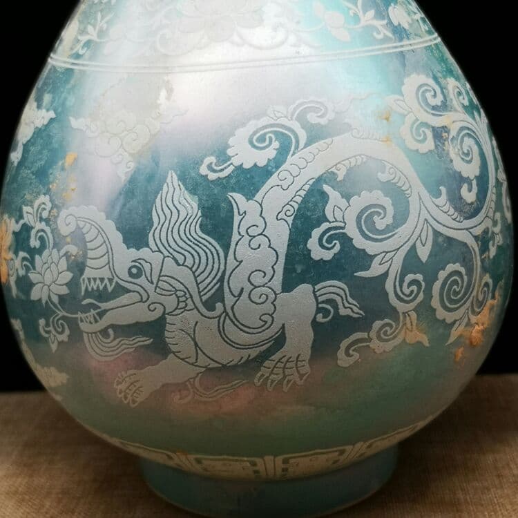 大明化成年制、天蓝釉の磁器、竜紋玉壺春瓶、磁器.磁器、骨董品コレクション
