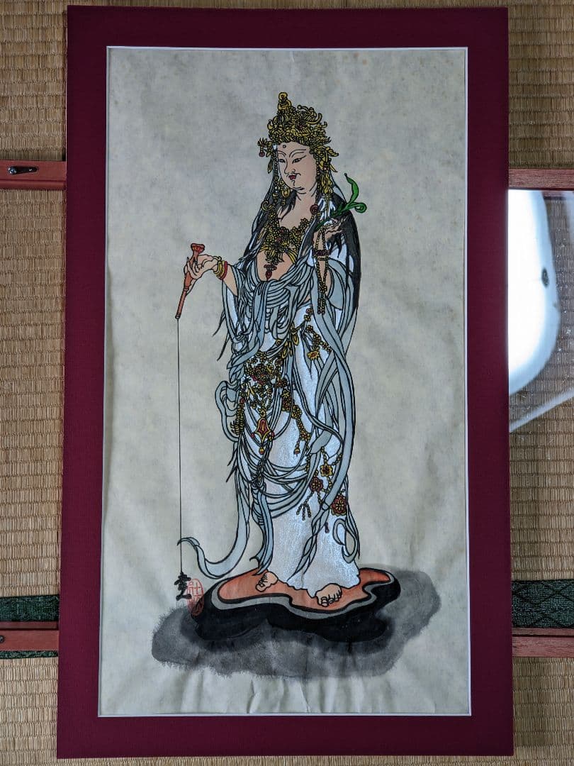 ♦仏画 雲上観音菩薩 書画 水墨画額入りコレクション 骨董品 アンティーク