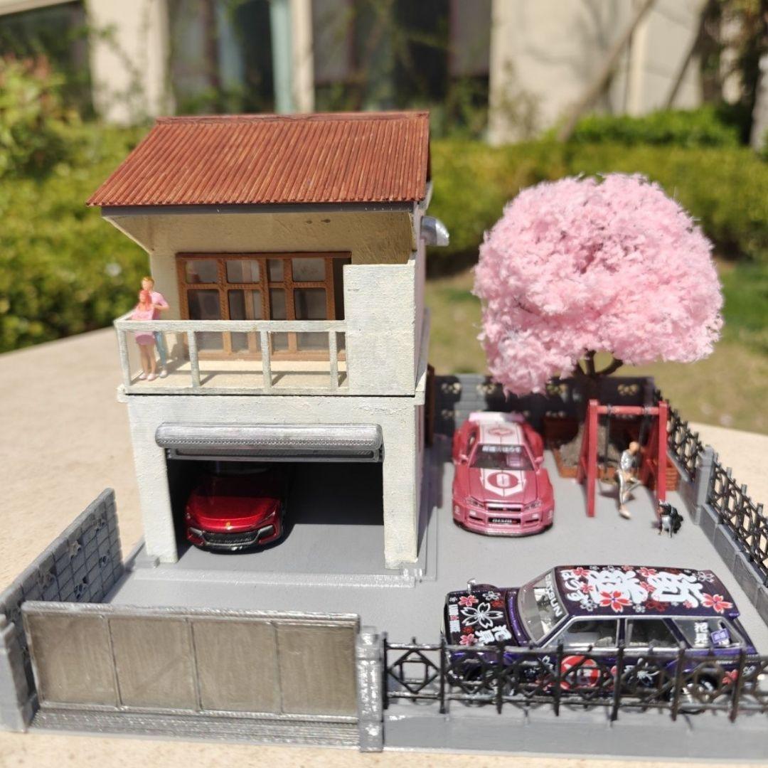 1/64 完成品 手作り 日本家屋 ガレージ 桜 情景ジオラマ ミニカー