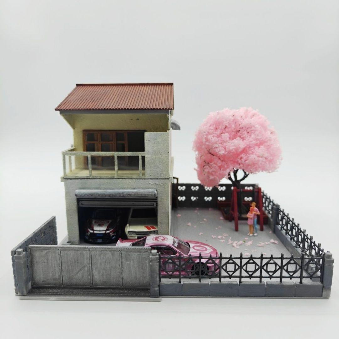 1/64 完成品 手作り 日本家屋 ガレージ 桜 情景ジオラマ ミニカー