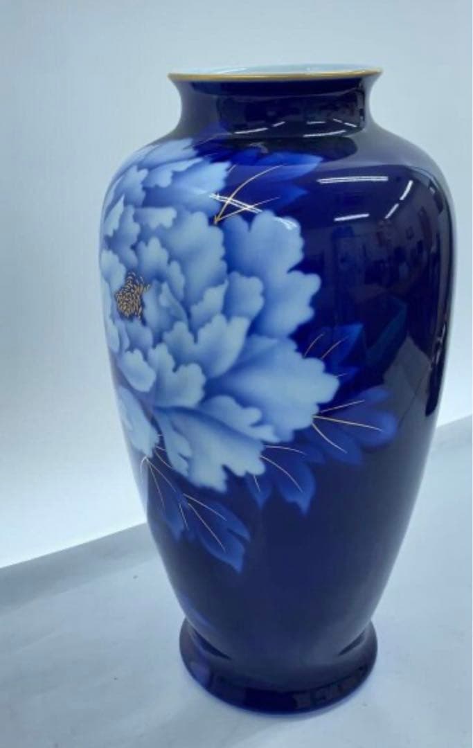 【 宮内庁御用達・保管品 】 深川製磁 瑠璃牡丹 金彩14号 花瓶38cm