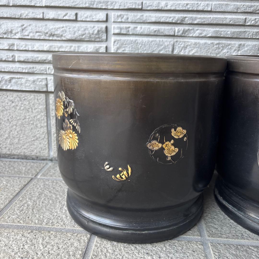 唐金　火鉢　美術火鉢　手あぶり　丸台　レトロ　アンティーク ２個セット