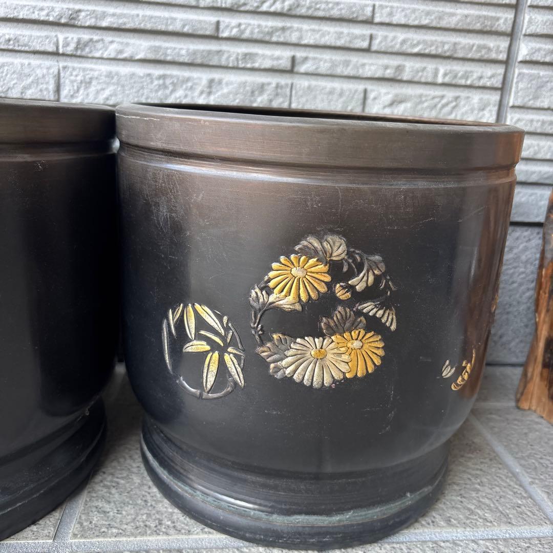 唐金　火鉢　美術火鉢　手あぶり　丸台　レトロ　アンティーク ２個セット