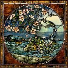 ジョン・ラファージ 丸型大型 ヴィンテージステンドグラス 花と鯉 ボストン美術館