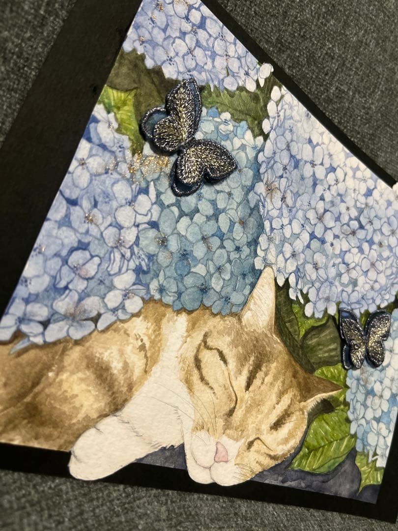 水彩画 猫と紫陽花 イラスト