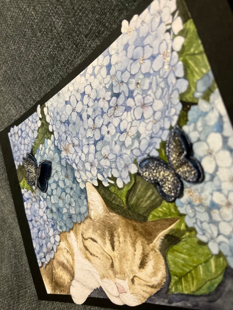 水彩画 猫と紫陽花 イラスト