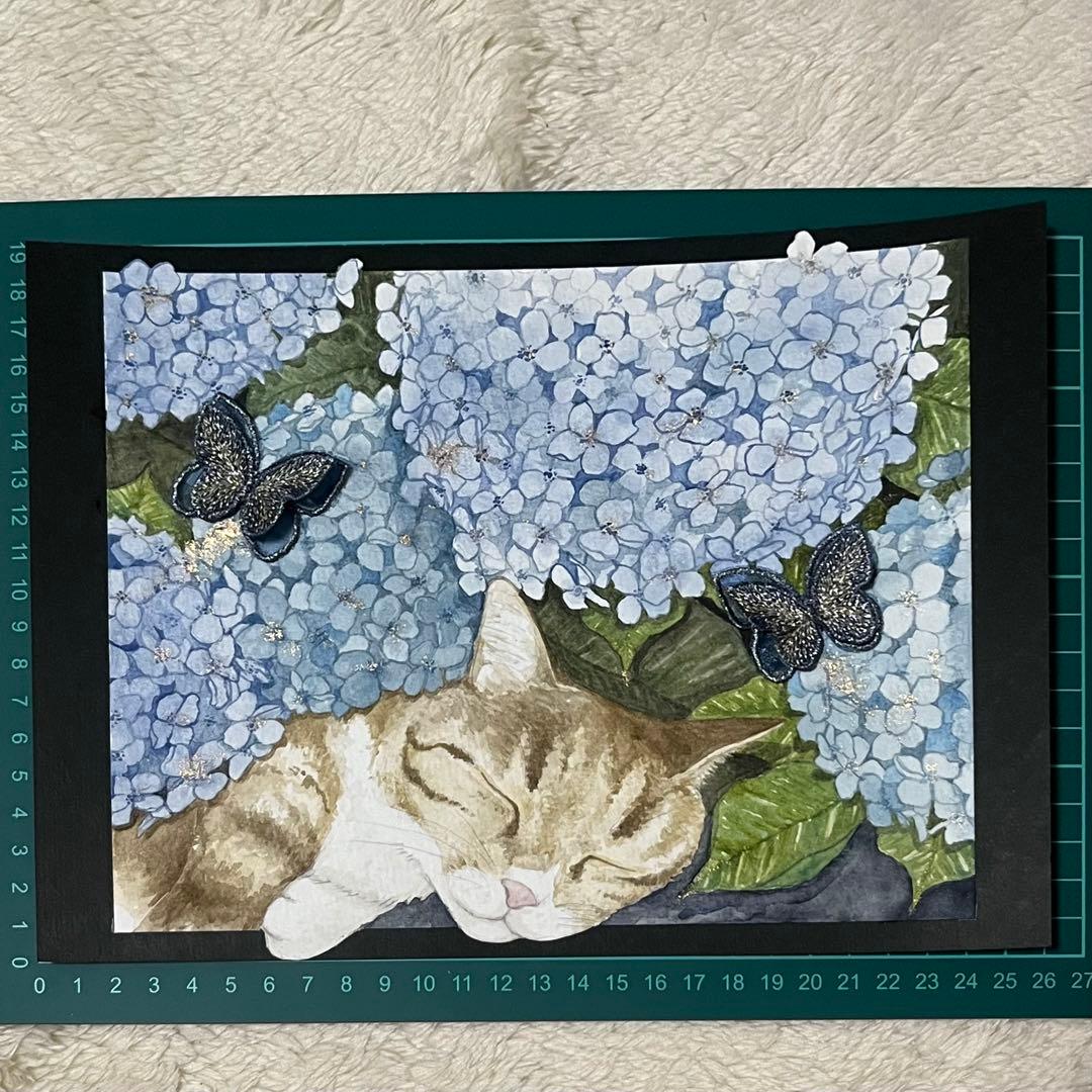 水彩画 猫と紫陽花 イラスト
