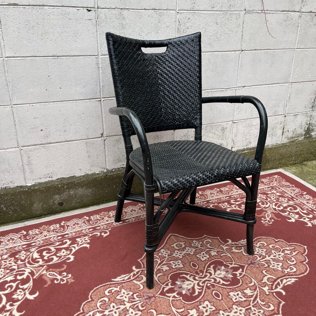 ASPLUND◾️編み込み本革レザー×籐ラタンフレーム アームチェア 椅子 黒 A