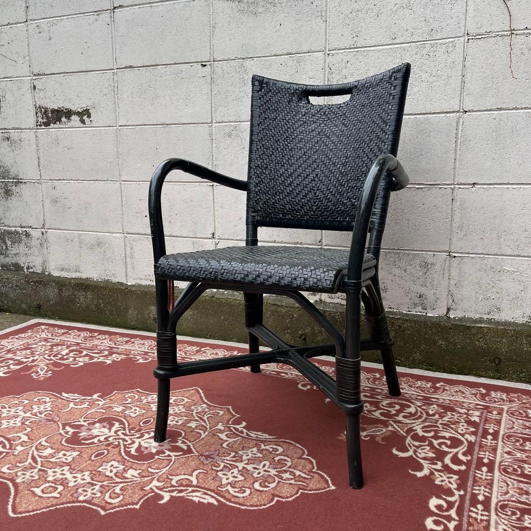 ASPLUND◾️編み込み本革レザー×籐ラタンフレーム アームチェア 椅子 黒 A