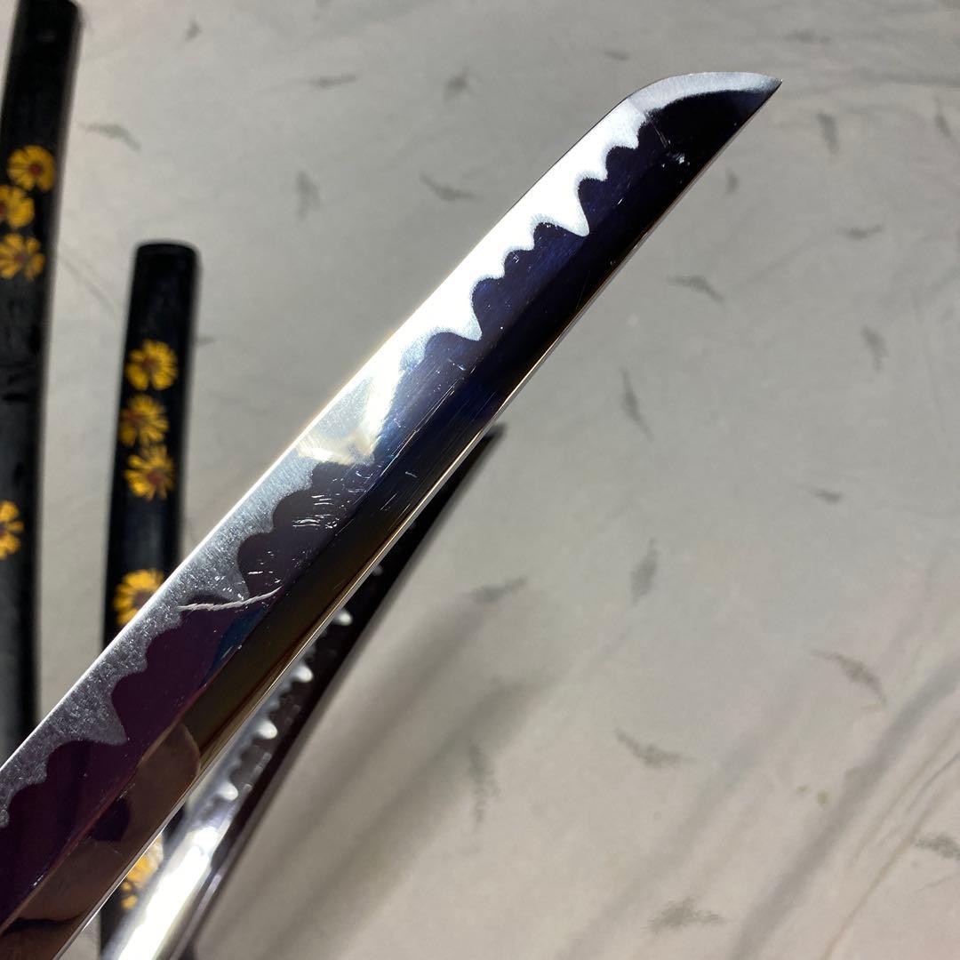 模造刀大小２本セット 金茶柄 波図透し鉄鍔 向日葵図黒呂鞘