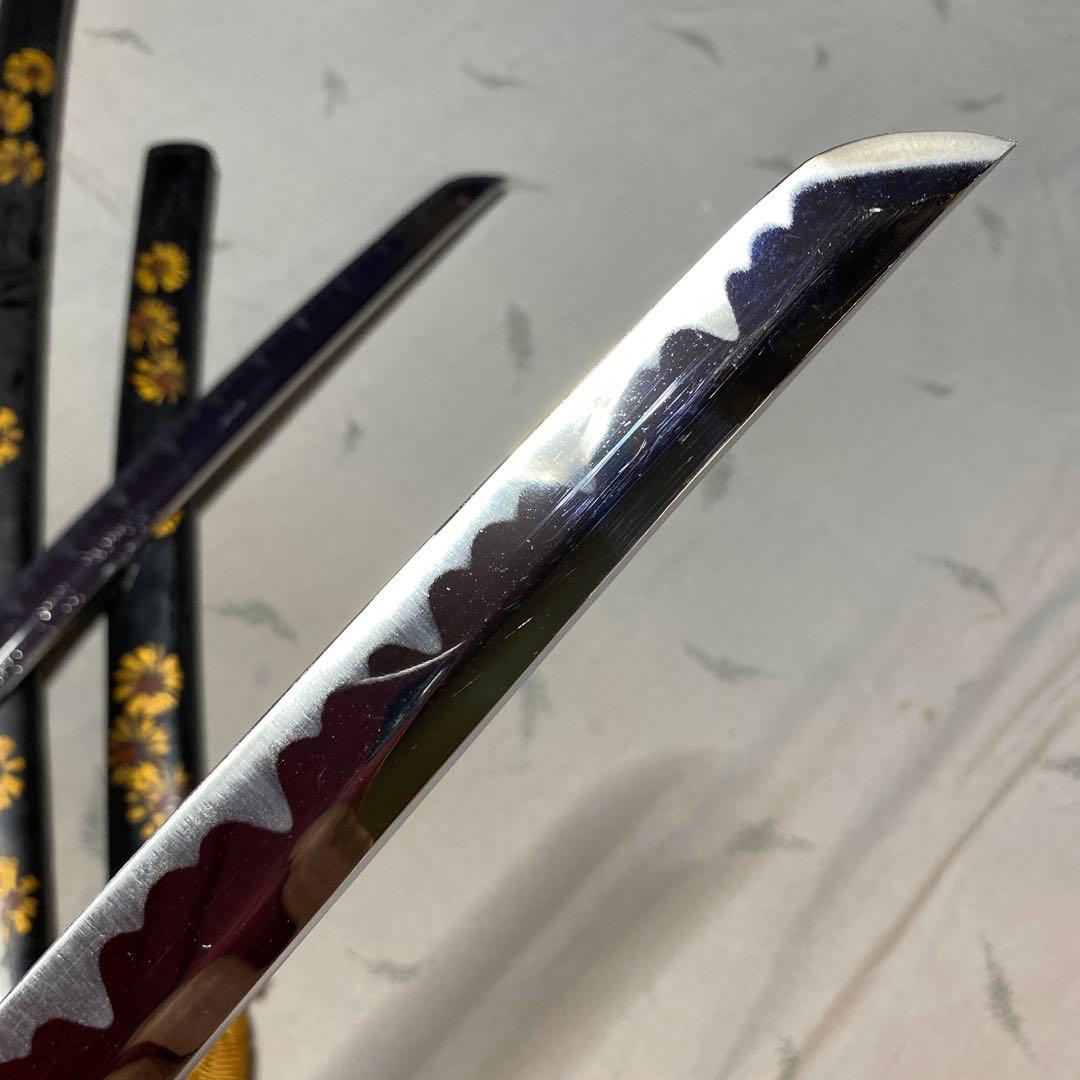 模造刀大小２本セット 金茶柄 波図透し鉄鍔 向日葵図黒呂鞘