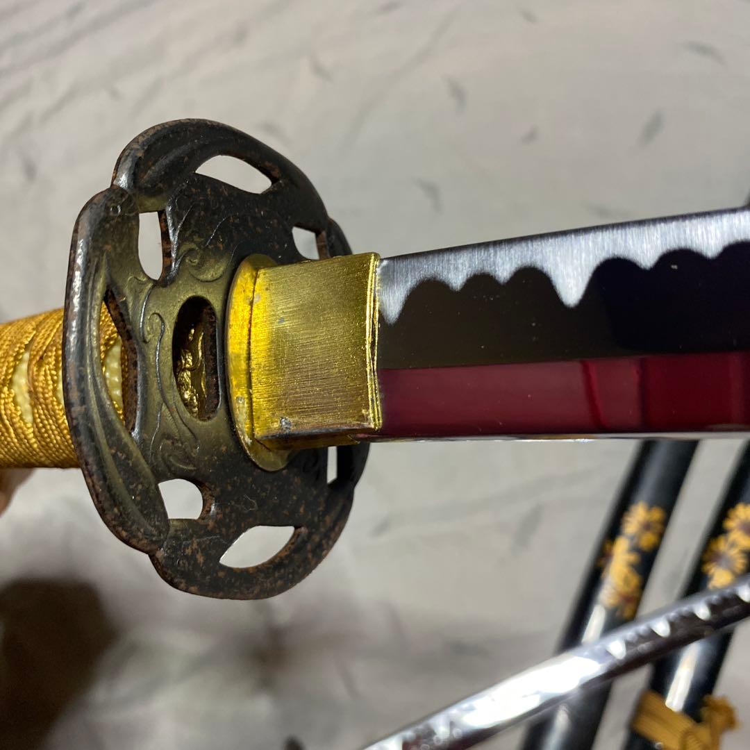 模造刀大小２本セット 金茶柄 波図透し鉄鍔 向日葵図黒呂鞘