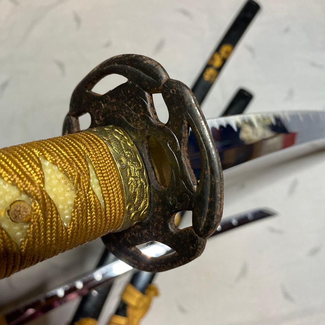 模造刀大小２本セット 金茶柄 波図透し鉄鍔 向日葵図黒呂鞘