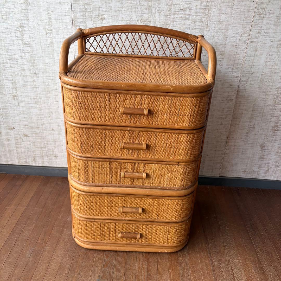 昭和レトロ ラタンチェスト 5段 籐家具 収納棚 アジアン ナチュラル 古家具
