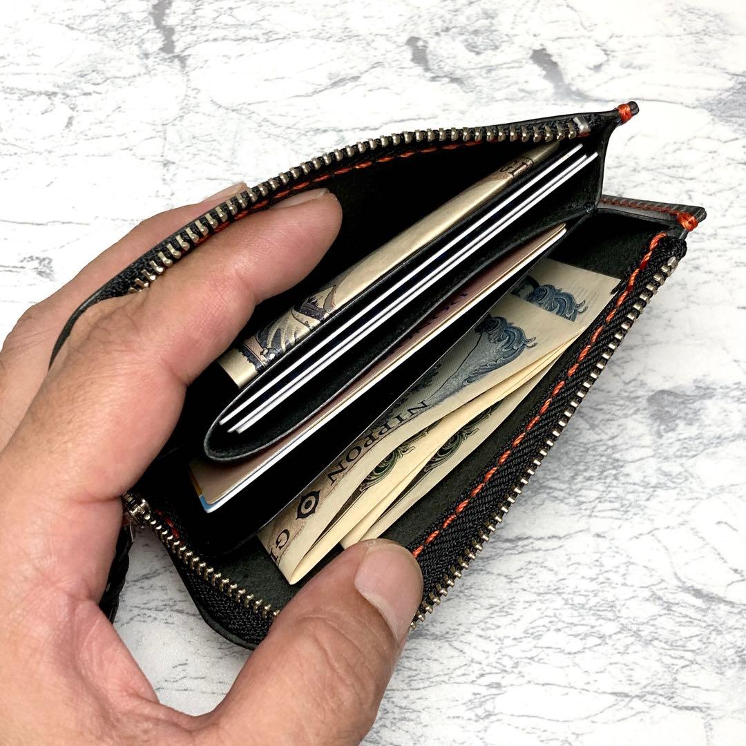 L字ファスナー財布 イタリアンレザー コンパクト財布 黒 メンズ レディース