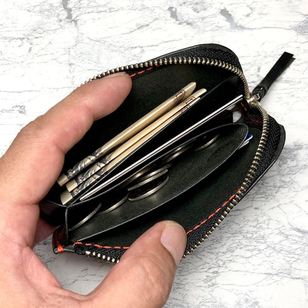 L字ファスナー財布 イタリアンレザー コンパクト財布 黒 メンズ レディース