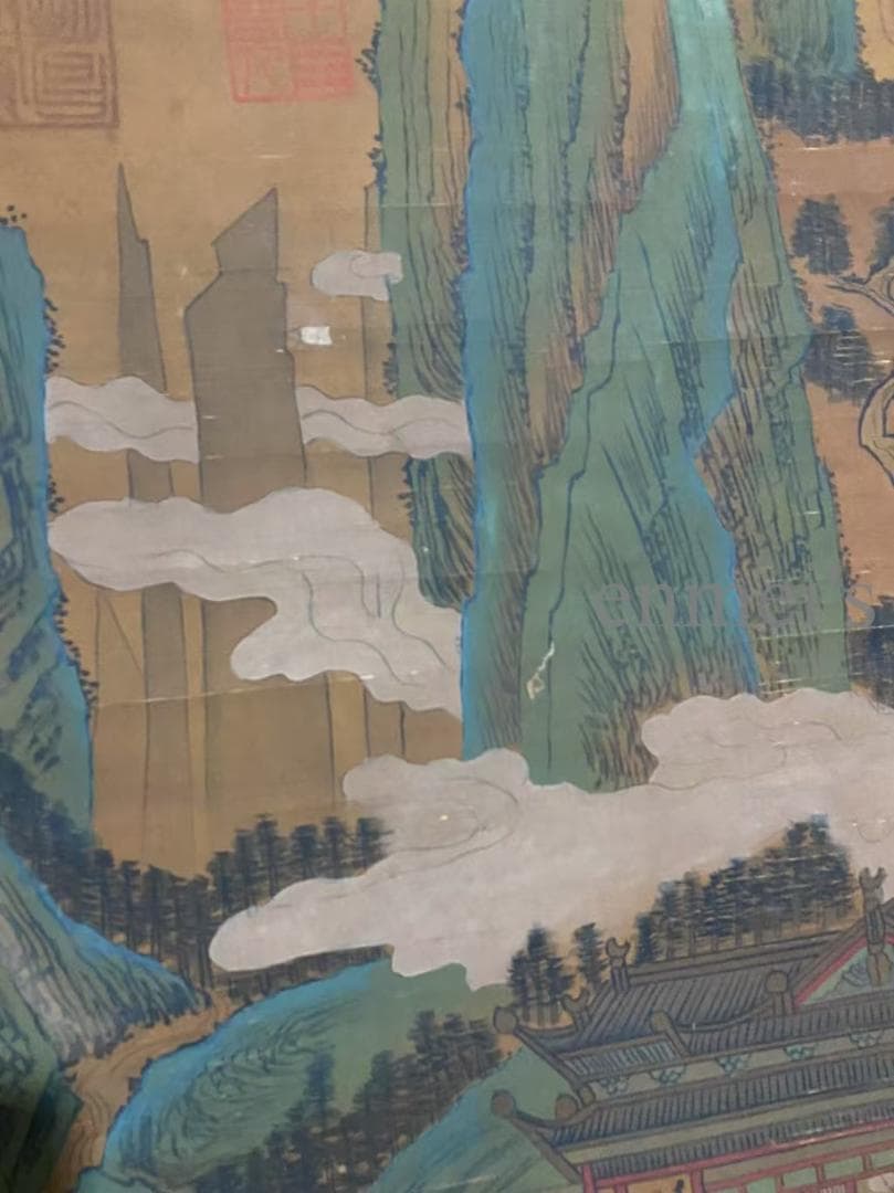 中国古美術 宋代王希孟款 山水図 掛軸 絹本 肉筆 唐物 古画 書道 名家書画