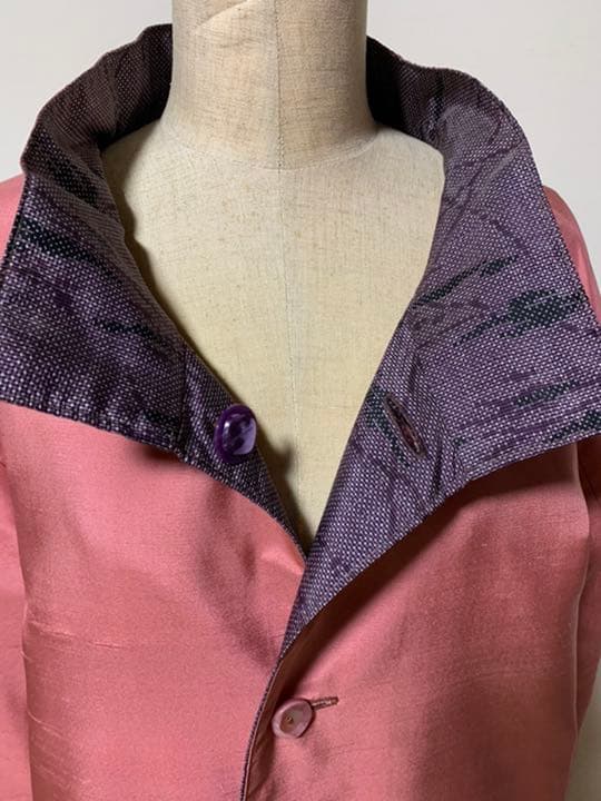いいね割引対象 着物リメイク リバーシブルコート 紫大島紬と紅花染め紬 R315