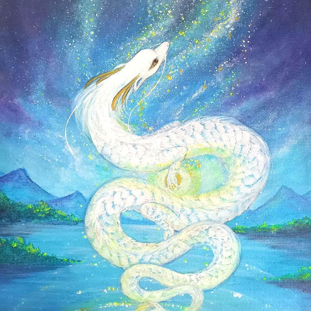 No.480 キャンバスＦ3 　原画　白龍　龍神　開運絵画　アクリル画　龍神絵画