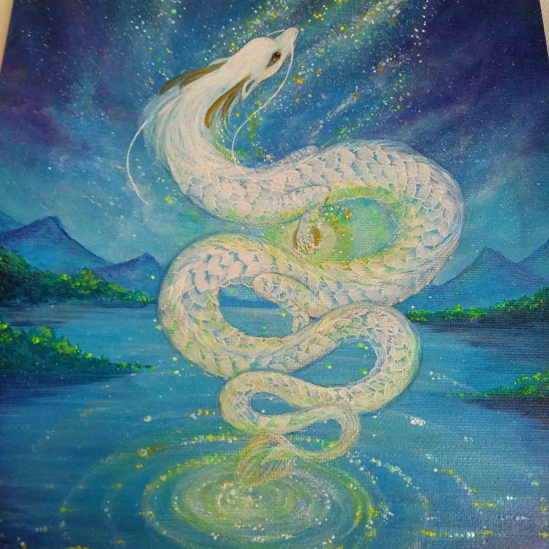 No.480 キャンバスＦ3 　原画　白龍　龍神　開運絵画　アクリル画　龍神絵画