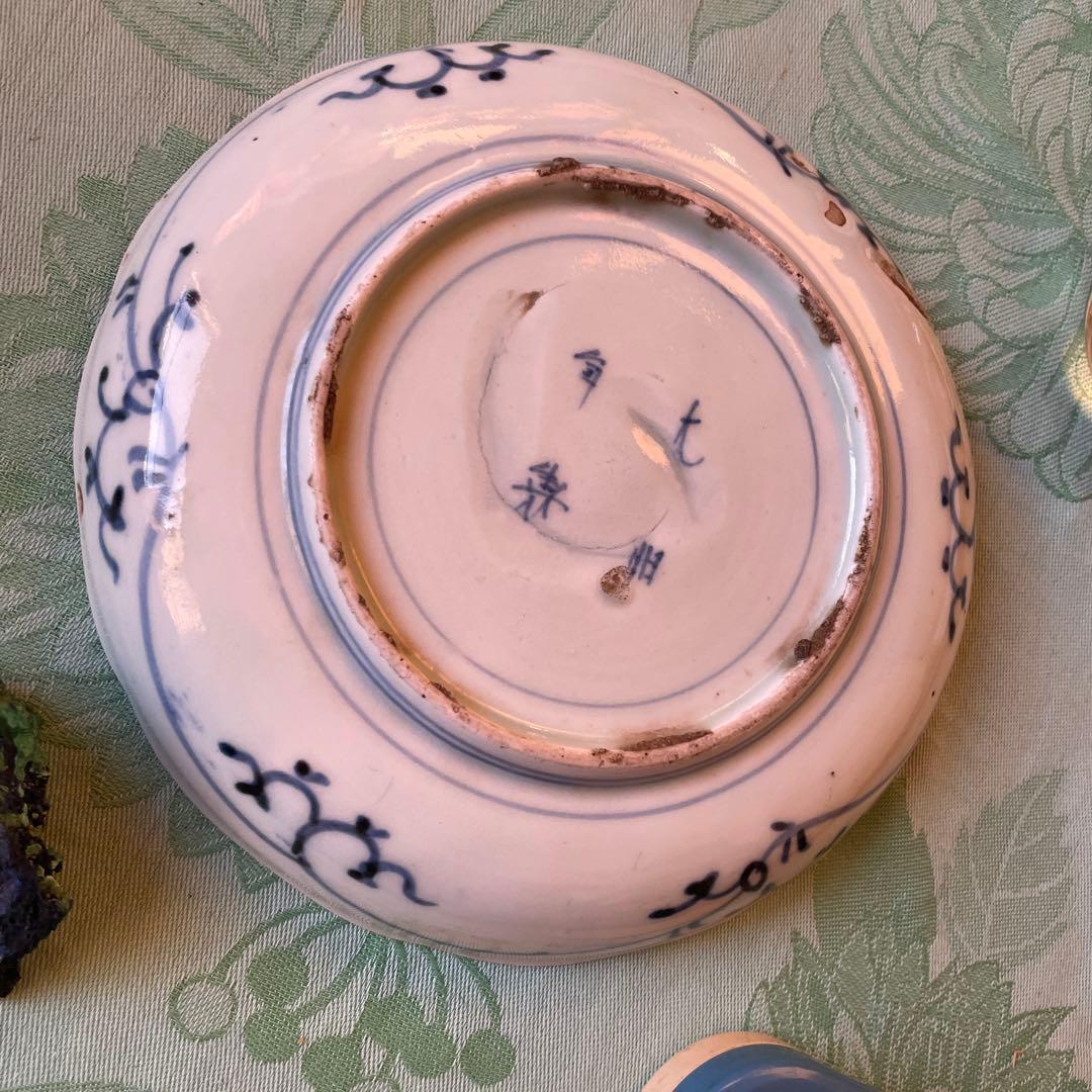 江戸中期　古伊万里　窓絵　染付　輪花型　中皿　7寸皿