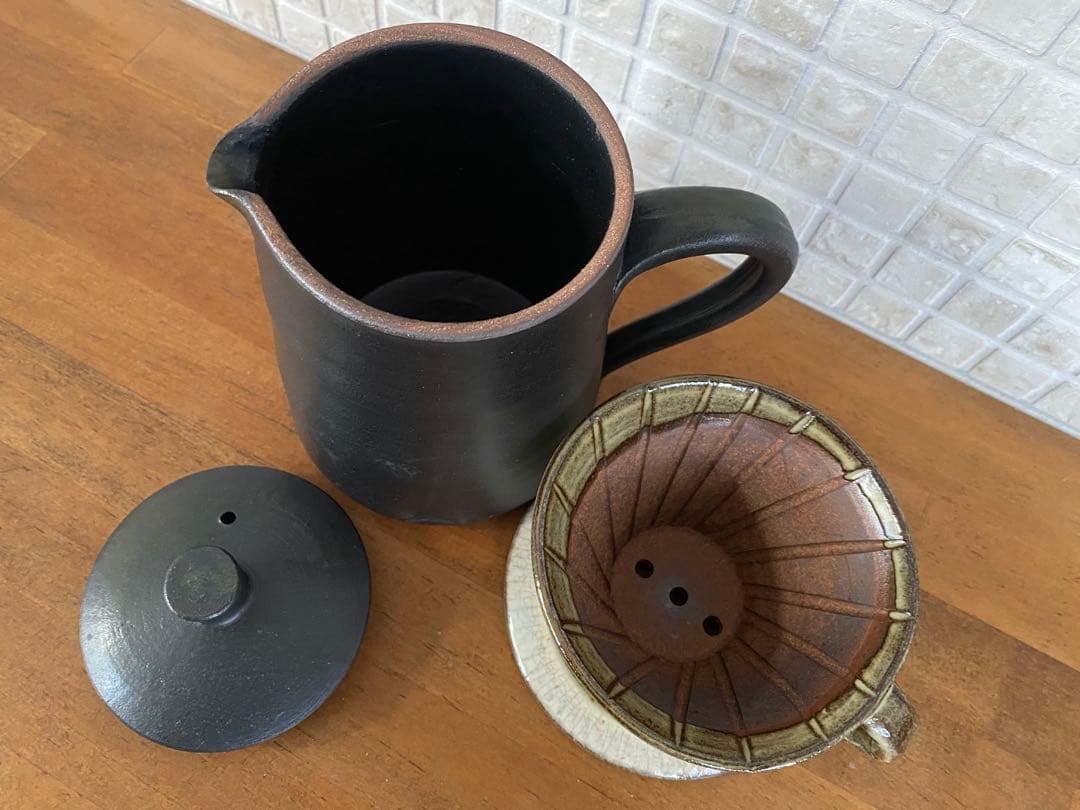 陶器製ドリップスタンドとポットセット　小石原焼