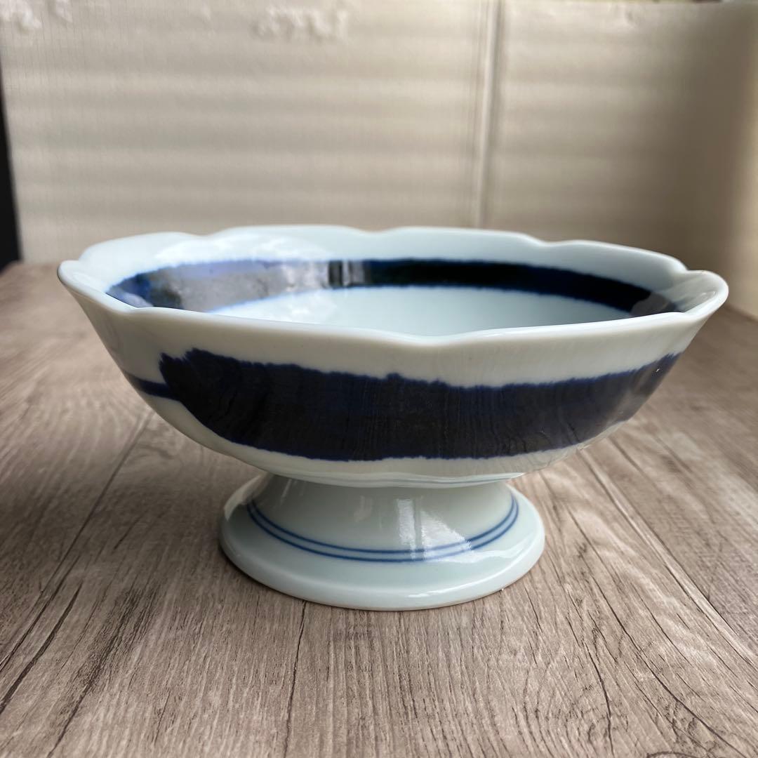 3F 【未使用・箱入り】三峰（みつみね）藍染 輪花 高台小鉢 和モダン