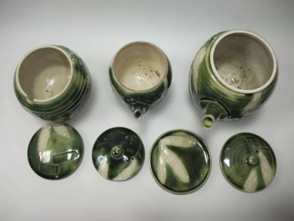 古い 織部 小鉢5客 鉢 皿 急須 醤油注 薬味入 織部釉 料理揃 全10点