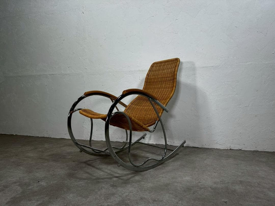 希少『イタリア製』ロッキングチェア ラタン クローム 1970年代 RWroc5