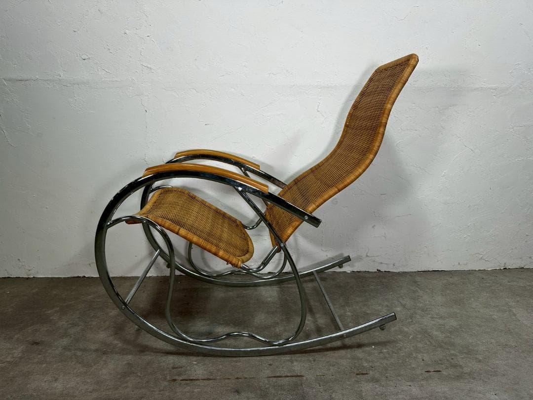 希少『イタリア製』ロッキングチェア ラタン クローム 1970年代 RWroc5