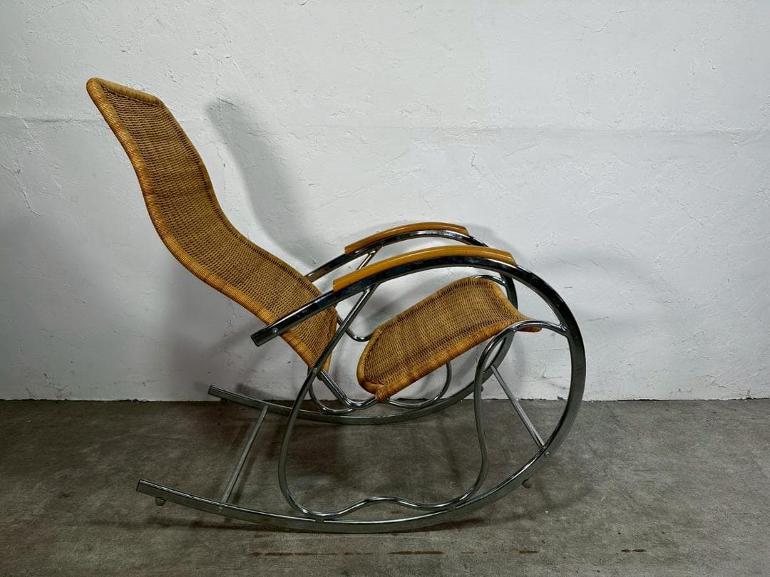 希少『イタリア製』ロッキングチェア ラタン クローム 1970年代 RWroc5