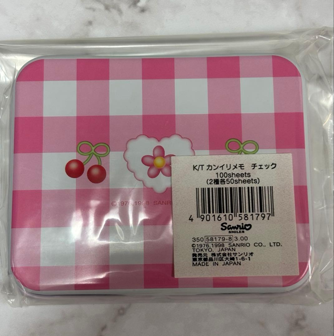 1998年 サンリオ ハローキティ さくらんぼ 花 チェック 缶入りメモ